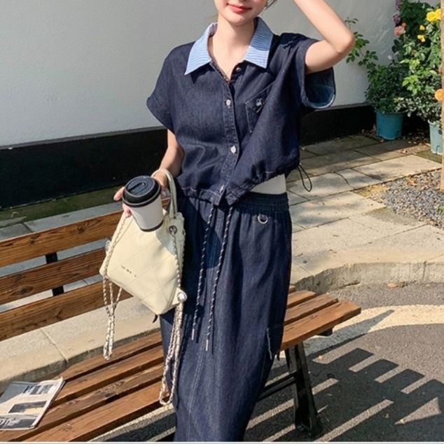 デニムセットアップ マリン風襟付きデニムツーピース