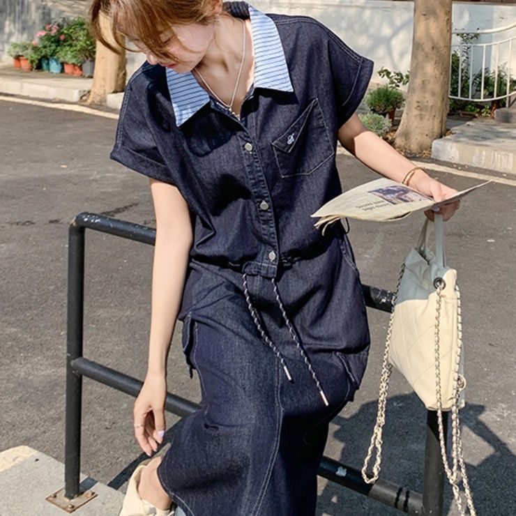 デニムセットアップ マリン風襟付きデニムツーピース