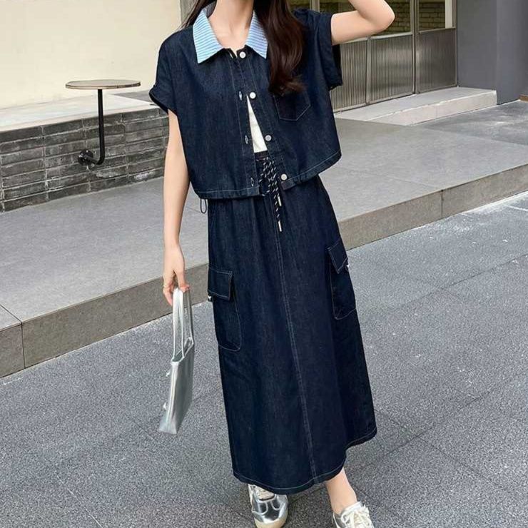 デニムセットアップ マリン風ストライプ襟セットアップ