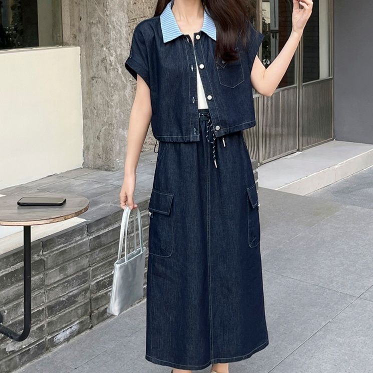 デニムセットアップ マリン風ストライプ襟セットアップ