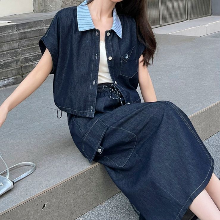 デニムセットアップ マリン風ストライプ襟セットアップ