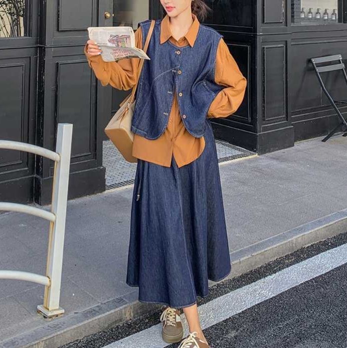 デニムセットアップ レイヤードデニムベスト＆スカート