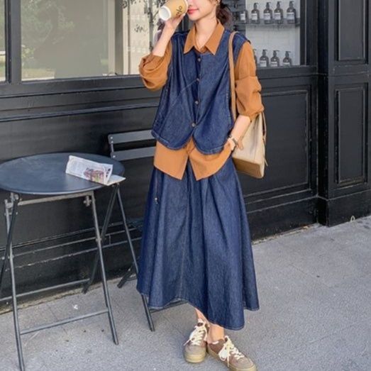 デニムセットアップ レイヤードデニムベスト＆スカート