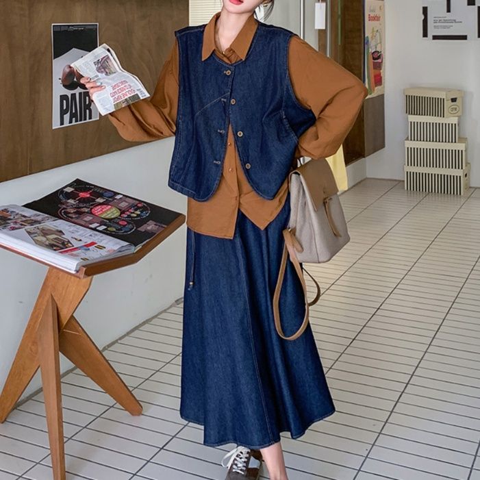 デニムセットアップ レイヤードデニムベスト＆スカート