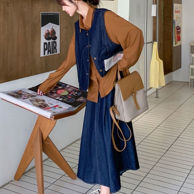 デニムセットアップ レイヤードデニムベスト＆スカート