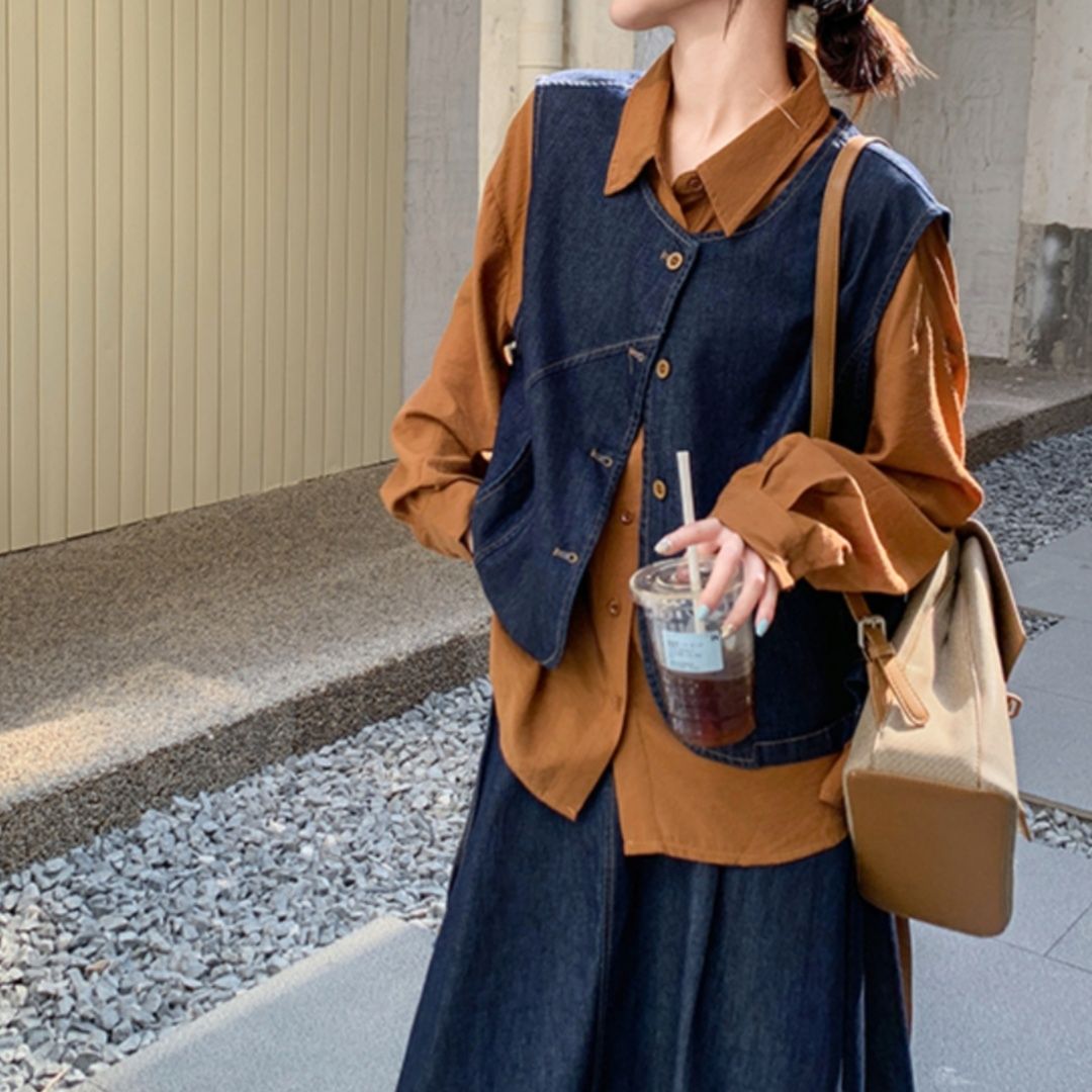 デニムセットアップ レイヤードデニムベスト＆スカート