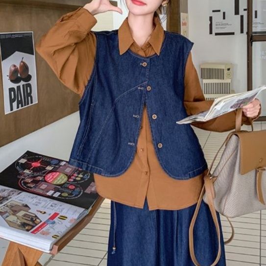 デニムセットアップ レイヤードデニムベスト＆スカート