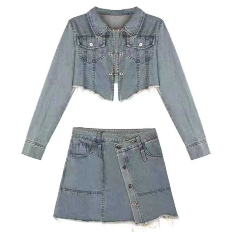 デニムセットアップ 切りっぱなしクロップド丈ジャケット＆台形スカート
