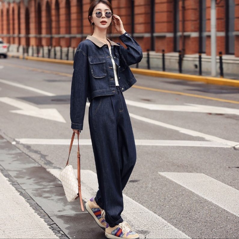 デニムセットアップ ショート丈ジャケットとワイドパンツの上下セット