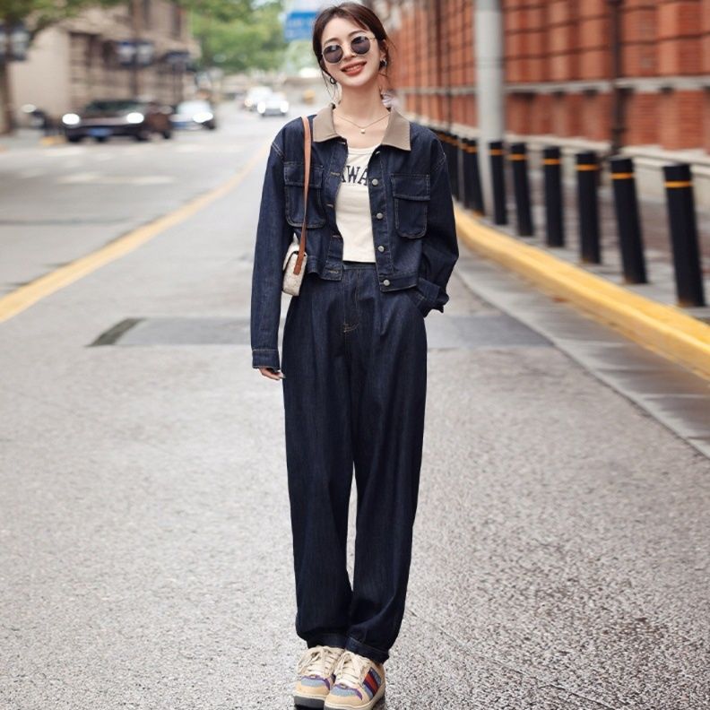 デニムセットアップ ショート丈ジャケットとワイドパンツの上下セット