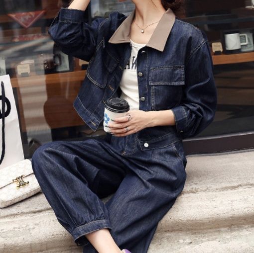 デニムセットアップ ショート丈ジャケットとワイドパンツの上下セット