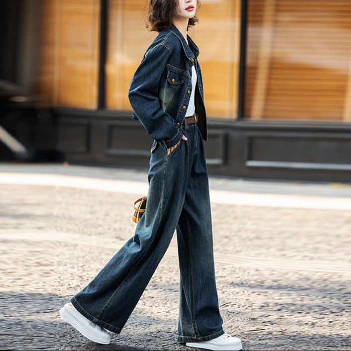 デニムセットアップ ショート丈ジャケットとワイドパンツの二点セット