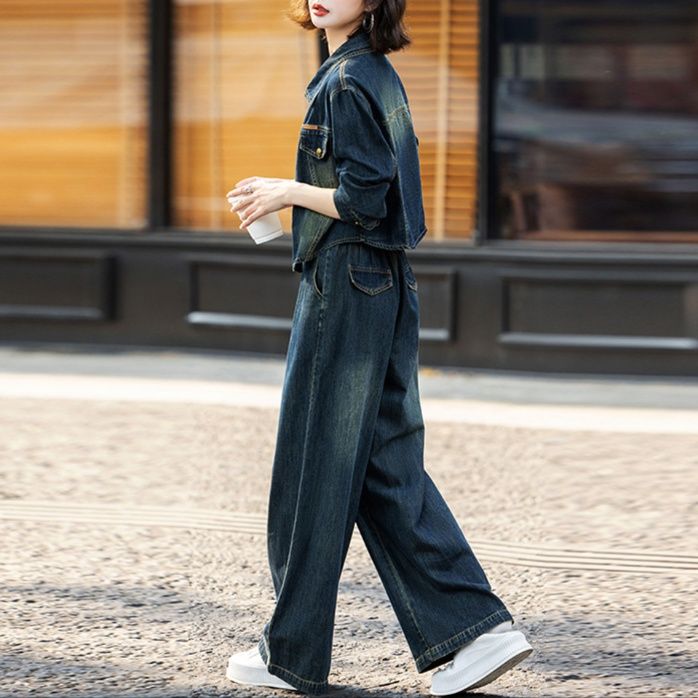 デニムセットアップ ショート丈ジャケットとワイドパンツの二点セット