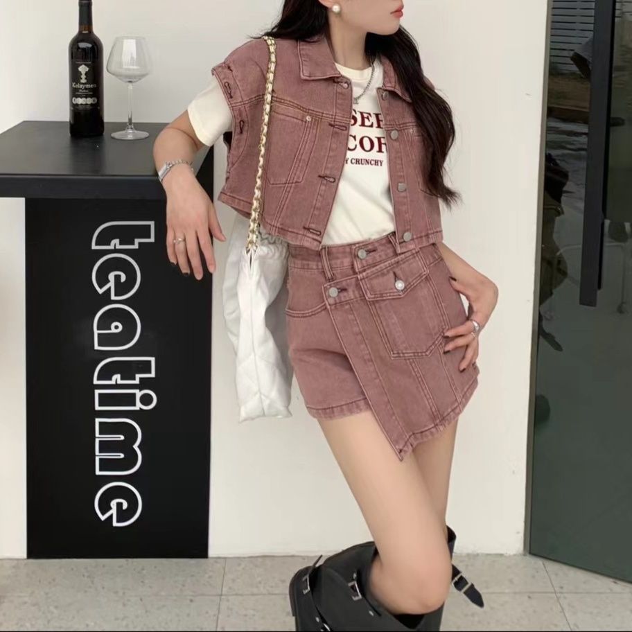 デニムセットアップ クロップド丈ジャケット＆ラップデザインショートパンツ