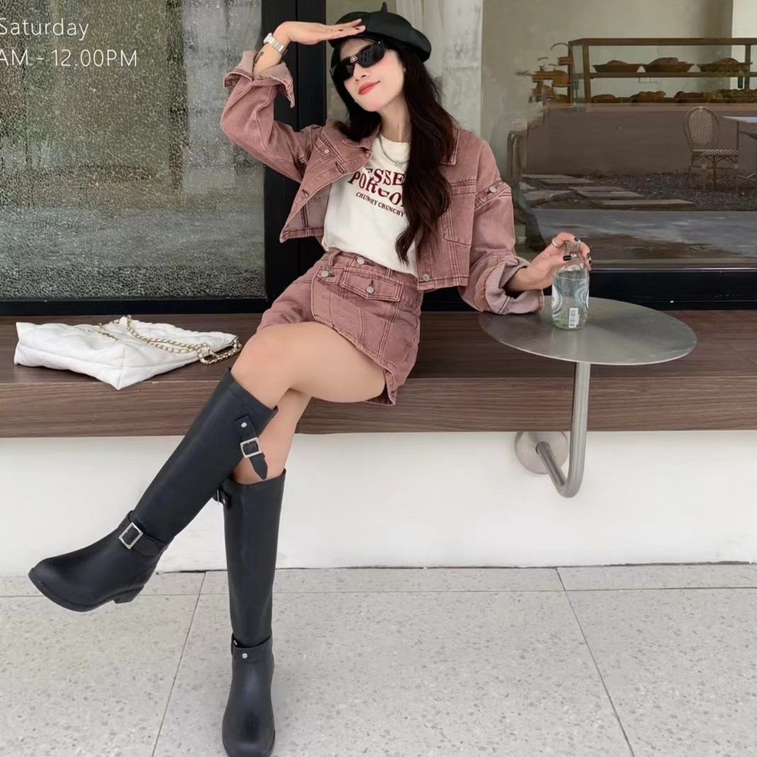 デニムセットアップ クロップド丈ジャケット＆ラップデザインショートパンツ