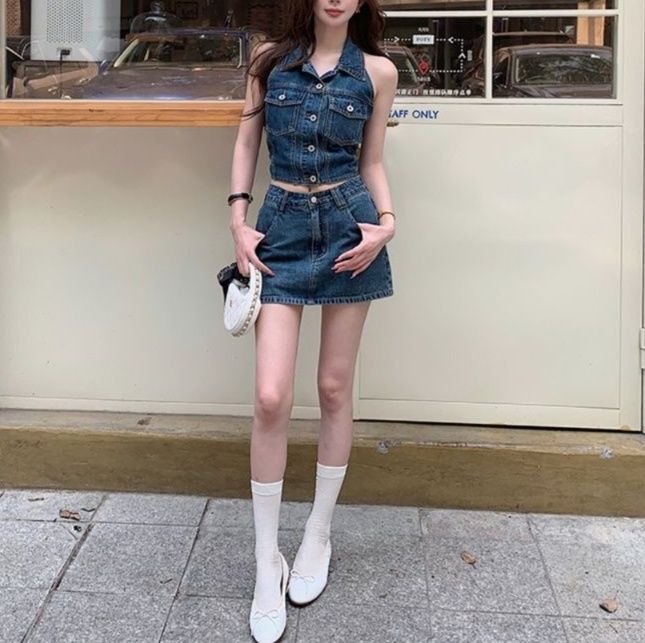 デニムセットアップ スタイリッシュ ノースリーブデニムセット