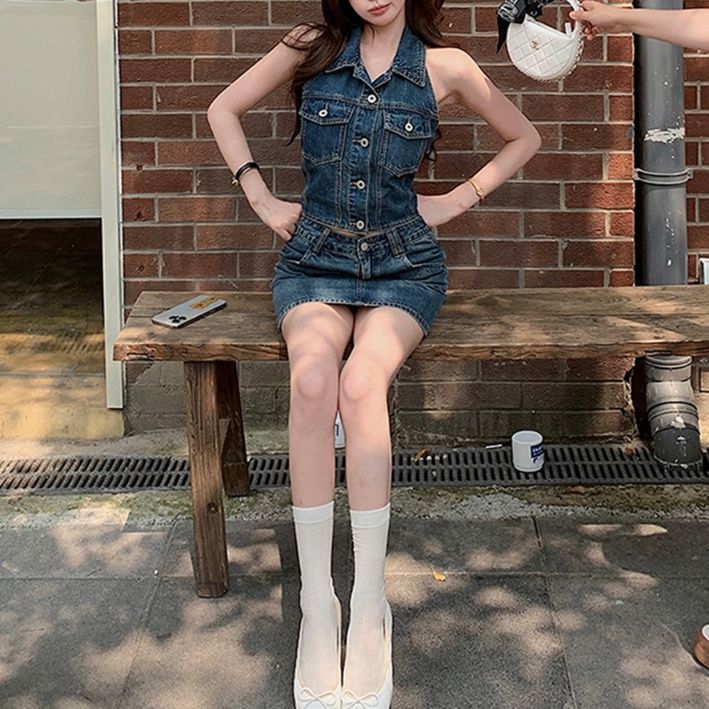 デニムセットアップ スタイリッシュ ノースリーブデニムセット