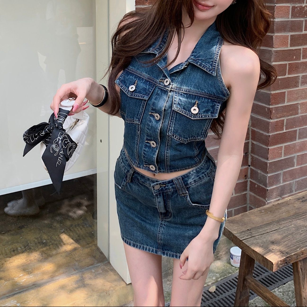 デニムセットアップ スタイリッシュ ノースリーブデニムセット