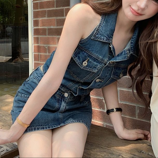 デニムセットアップ スタイリッシュ ノースリーブデニムセット