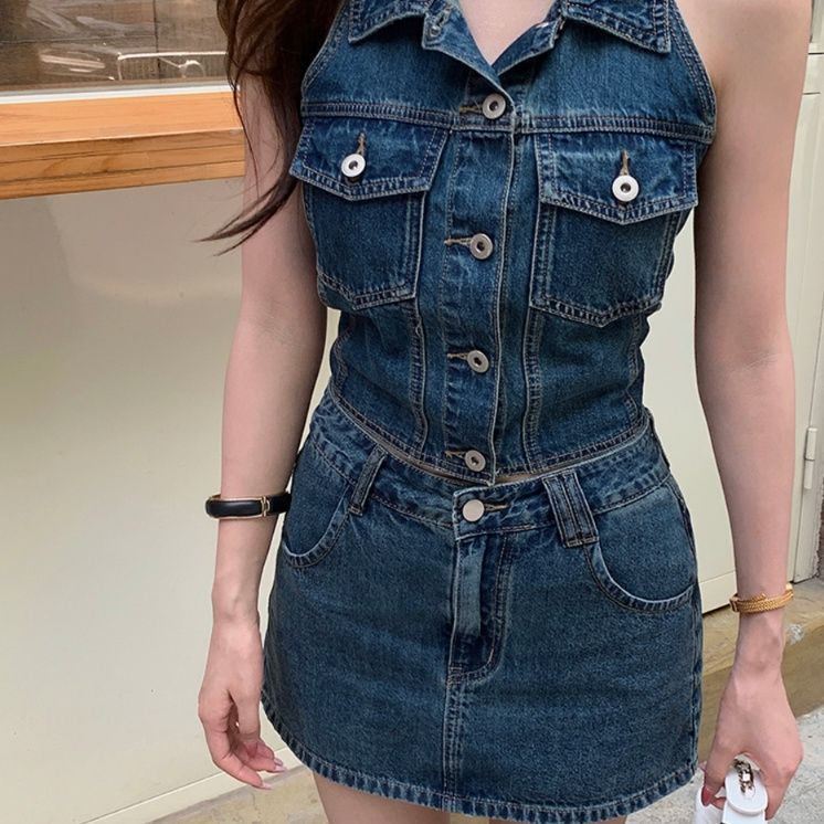 デニムセットアップ スタイリッシュ ノースリーブデニムセット