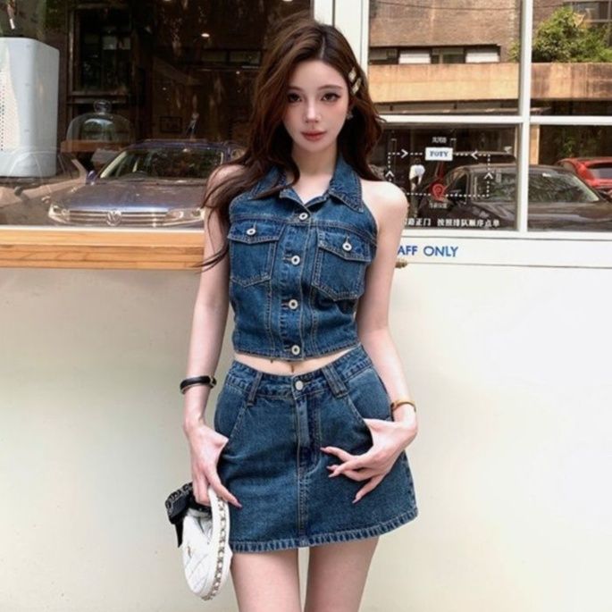 デニムセットアップ スタイリッシュ ノースリーブデニムセット