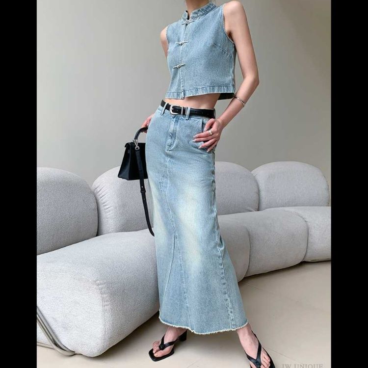 デニムセットアップ チャイナ風ノースリーブデニムセット