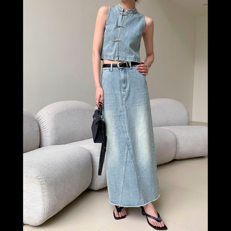 デニムセットアップ チャイナ風ノースリーブデニムセット