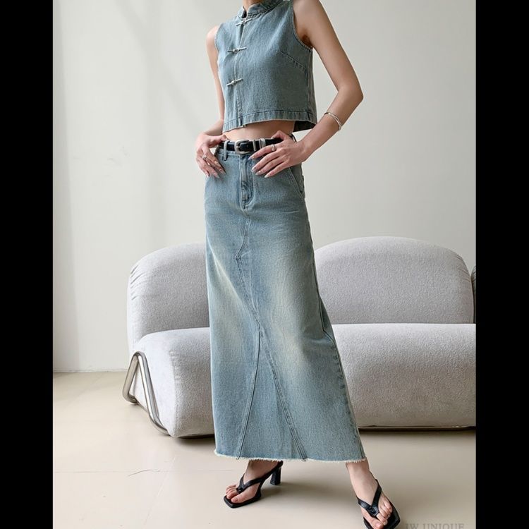 デニムセットアップ チャイナ風ノースリーブデニムセット