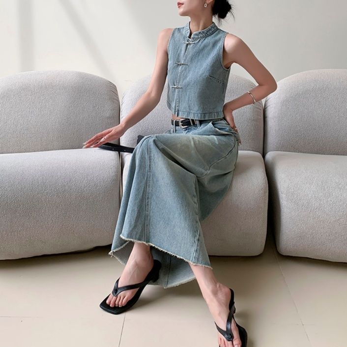 デニムセットアップ チャイナ風ノースリーブデニムセット