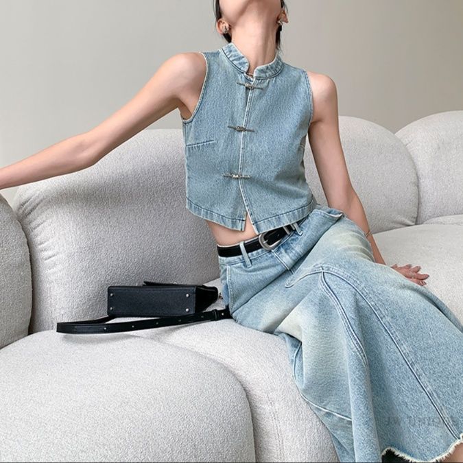 デニムセットアップ チャイナ風ノースリーブデニムセット