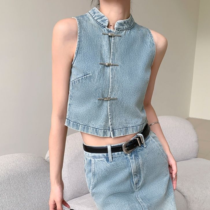 デニムセットアップ チャイナ風ノースリーブデニムセット