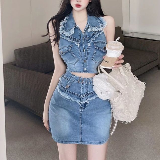 デニムセットアップ フリンジ飾りノースリーブセットアップ