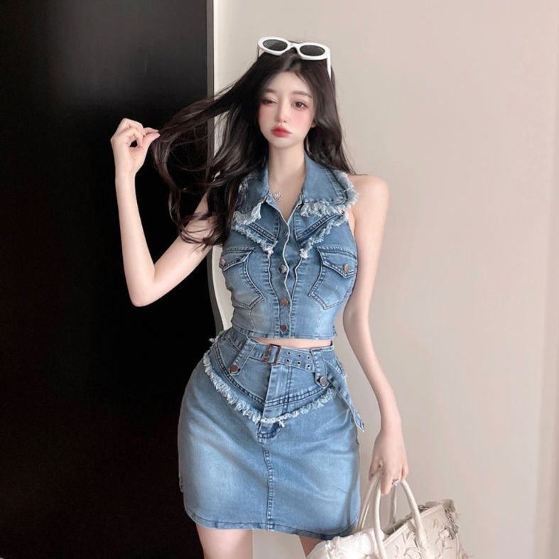 デニムセットアップ フリンジ飾りノースリーブセットアップ