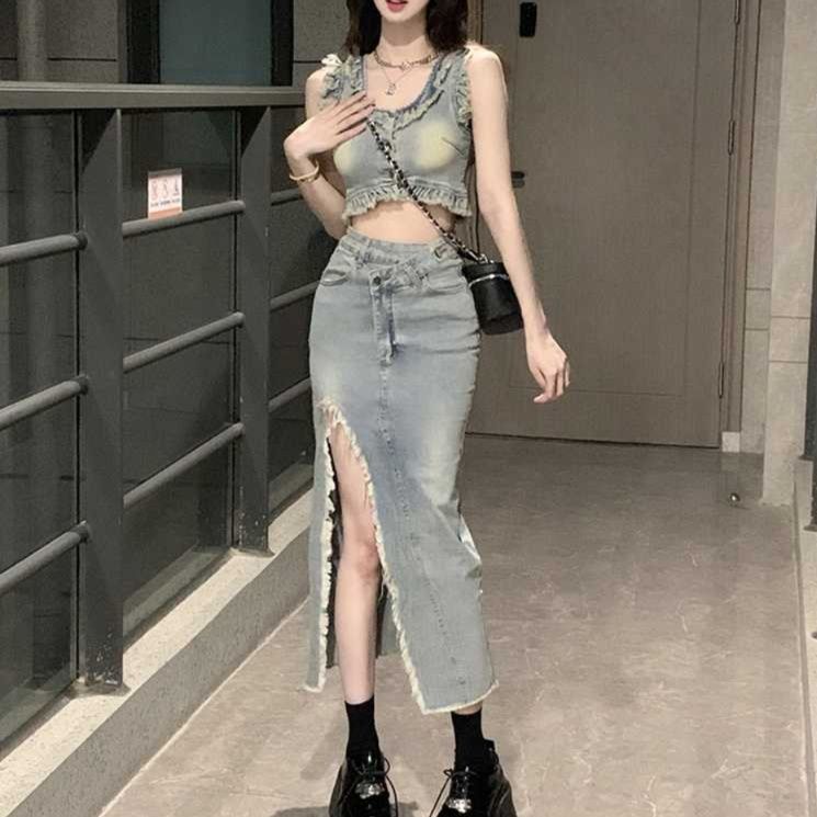 デニムセットアップ フリンジ装飾セットアップ