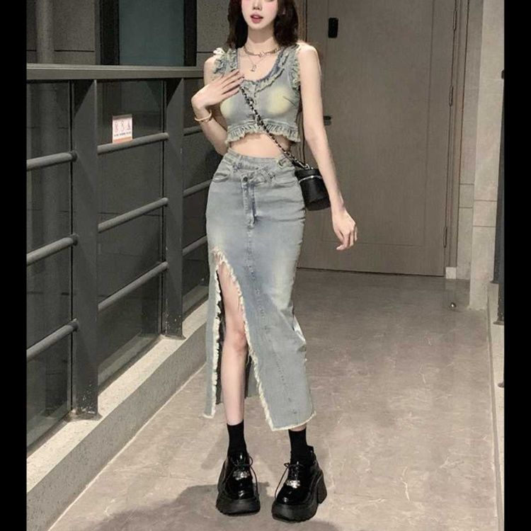 デニムセットアップ フリンジ装飾セットアップ