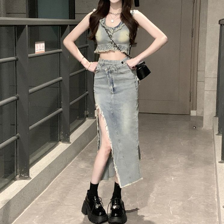 デニムセットアップ フリンジ装飾セットアップ