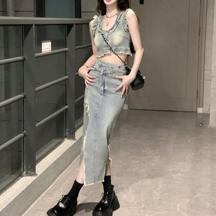 デニムセットアップ フリンジ装飾セットアップ