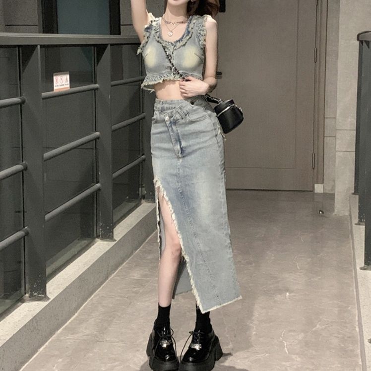 デニムセットアップ フリンジ装飾セットアップ