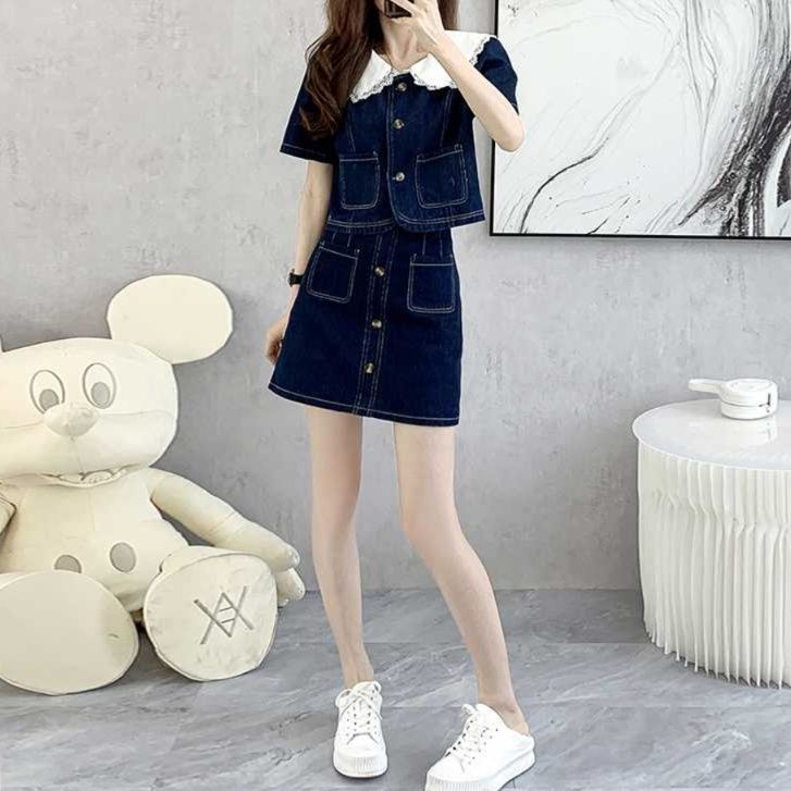 デニムセットアップ レース襟付きデニム上下セット