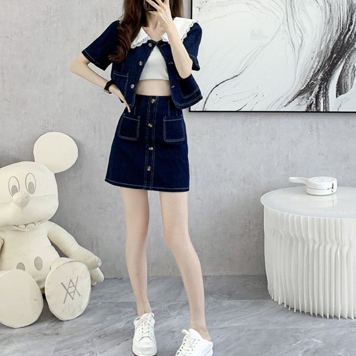 デニムセットアップ レース襟付きデニム上下セット