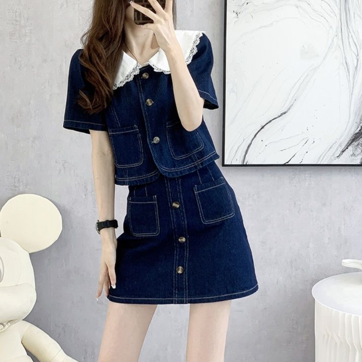 デニムセットアップ レース襟付きデニム上下セット