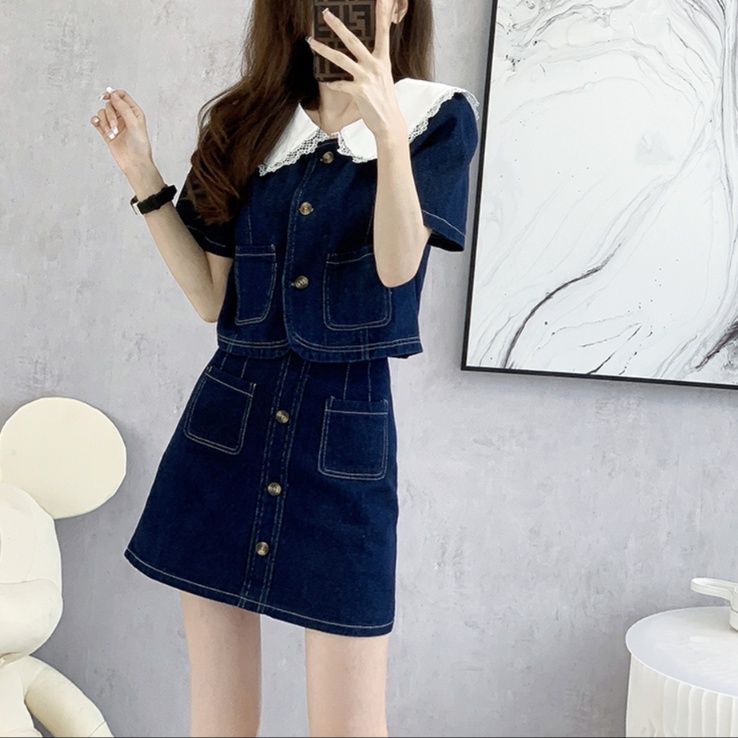 デニムセットアップ レース襟付きデニム上下セット