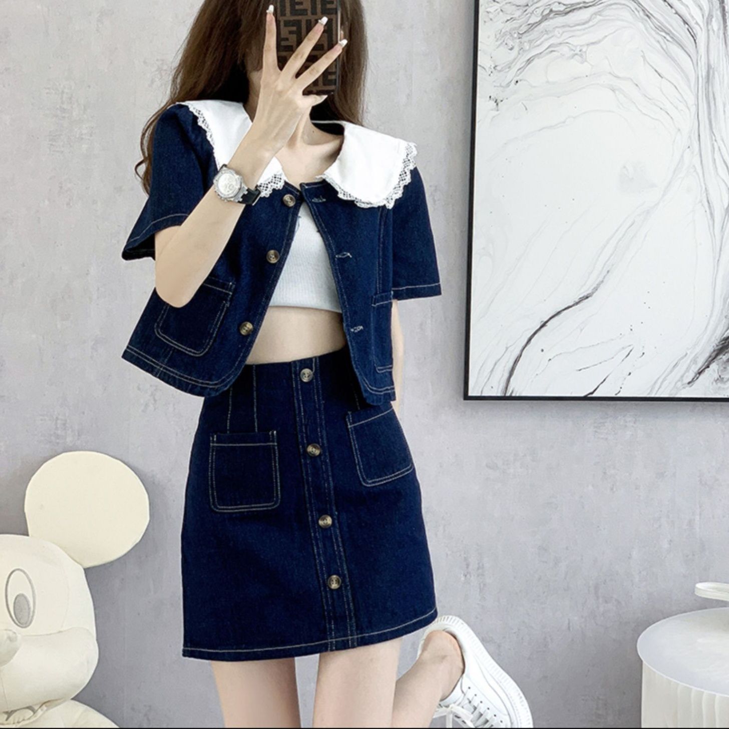 デニムセットアップ レース襟付きデニム上下セット