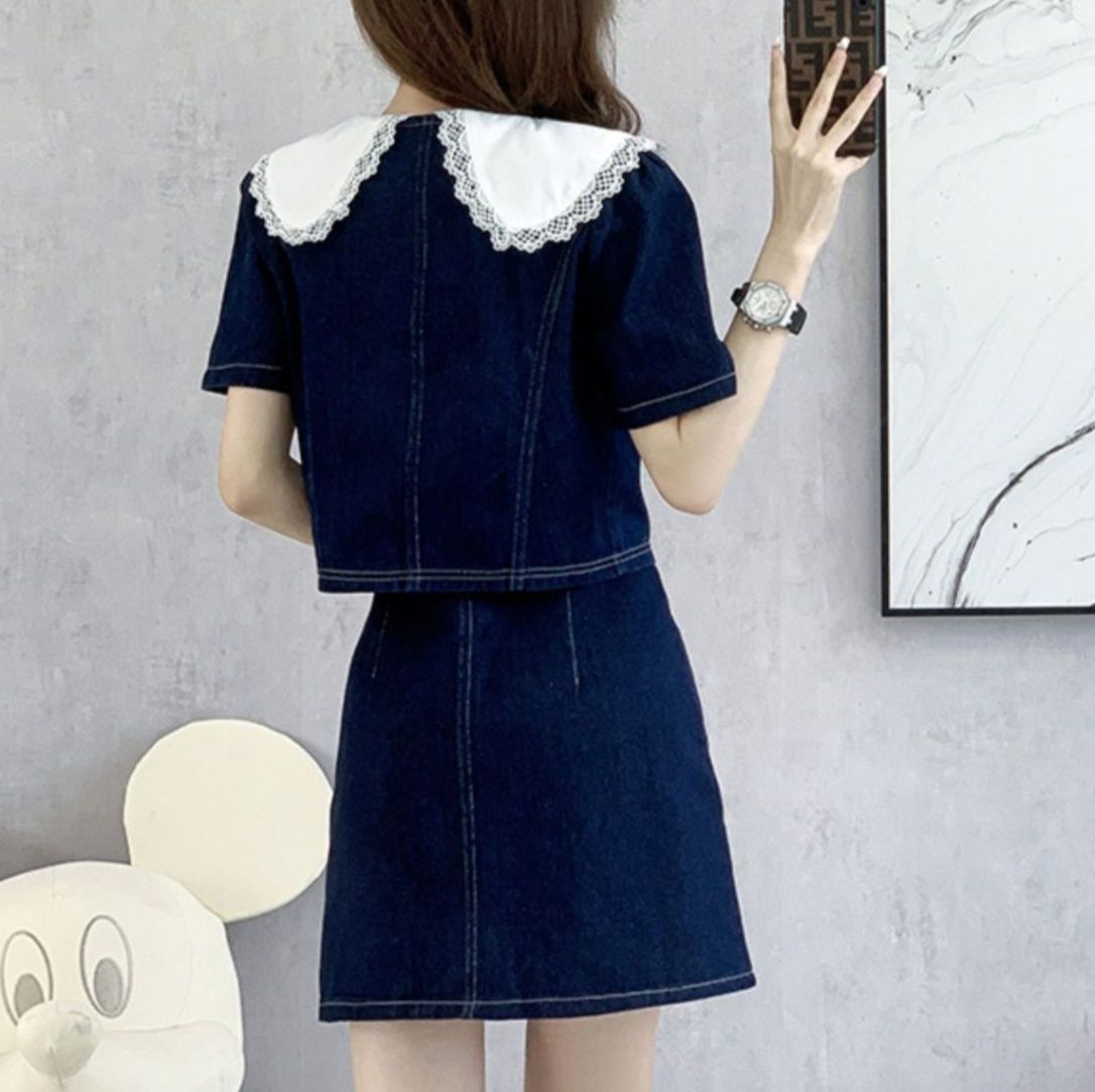 デニムセットアップ レース襟付きデニム上下セット