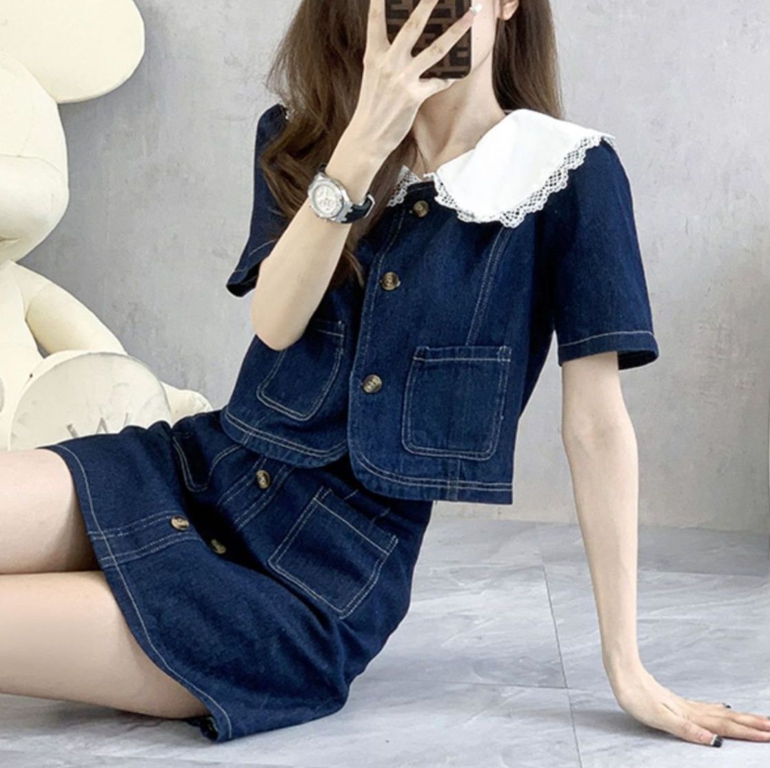 デニムセットアップ レース襟付きデニム上下セット
