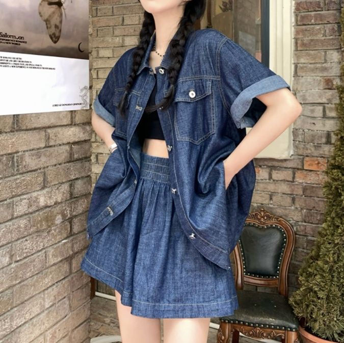 デニムセットアップ ゆったりシルエット 半袖ショートセット