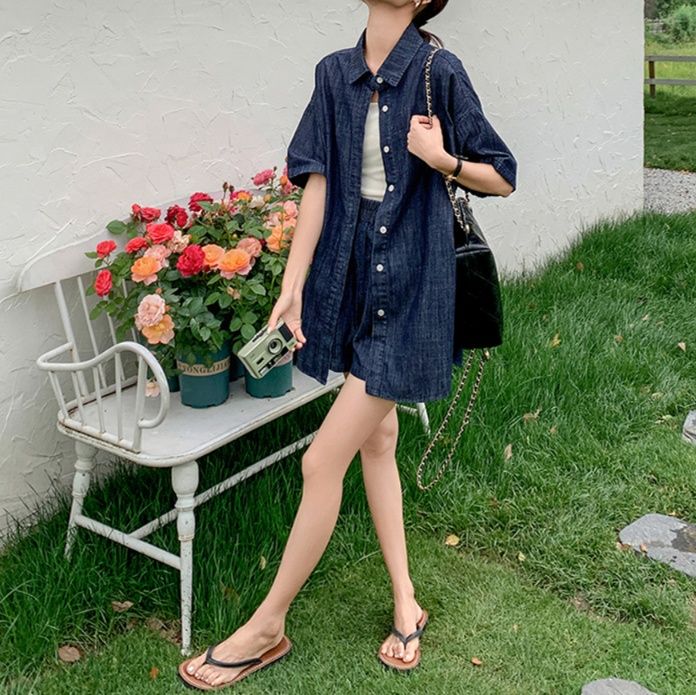 デニムセットアップ ゆったり五分袖シャツとショートパンツセット