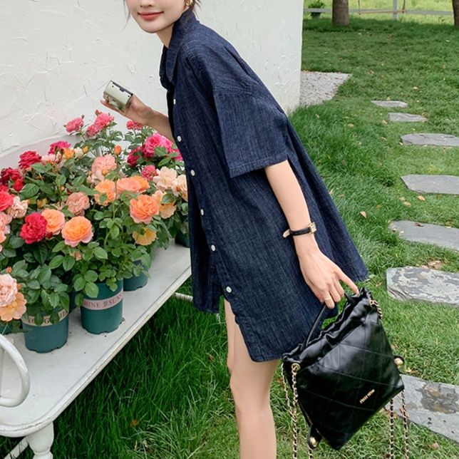 デニムセットアップ ゆったり五分袖シャツとショートパンツセット