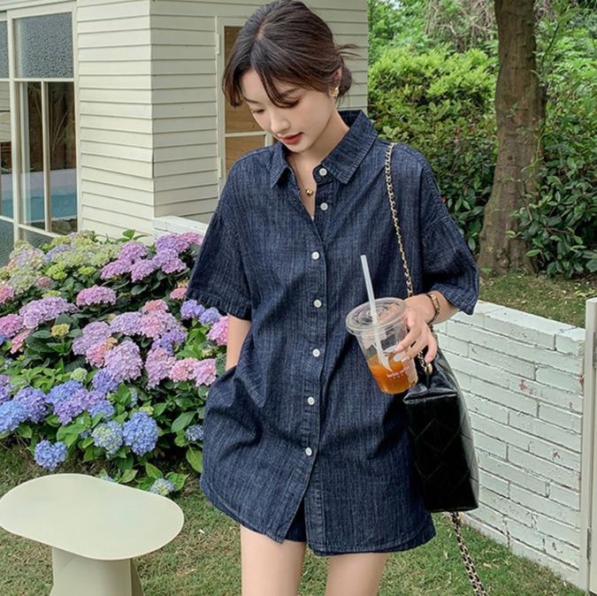 デニムセットアップ ゆったり五分袖シャツとショートパンツセット