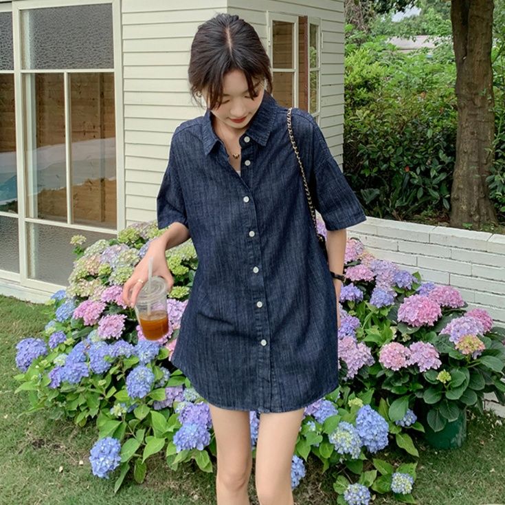 デニムセットアップ ゆったり五分袖シャツとショートパンツセット